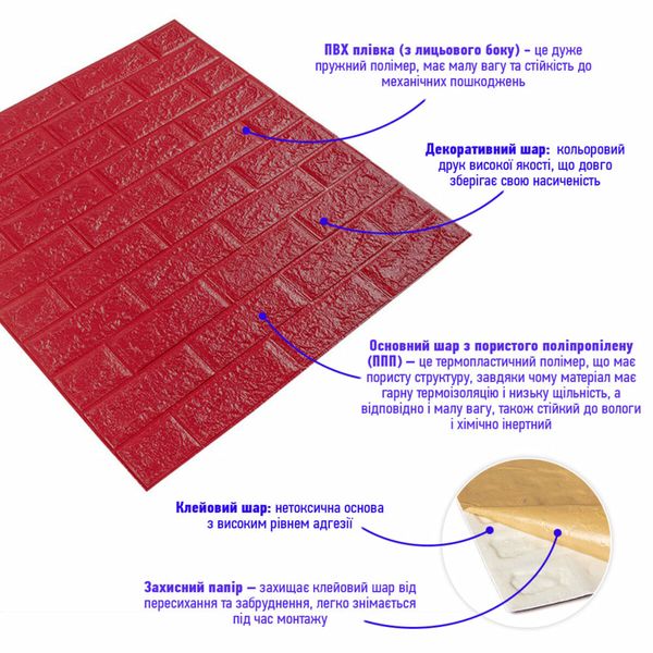 3D панель самоклеюча цегла малинова-червона 700х770х5мм (108-5) SW-00001364 SW-00001364 фото
